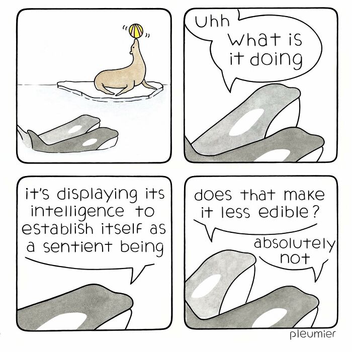 Comic panels featuring a seal balancing a ball and orcas humorously discussing intelligence in a biologist-turned-artist style.