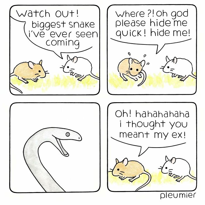 Four-panel comic by biologist-turned-artist shows two mice discussing a snake with a humorous twist at the end.
