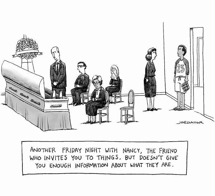Cartoon by Joe Dator showing a humorous funeral scene with people confused about the event, illustrating witty cartoons.