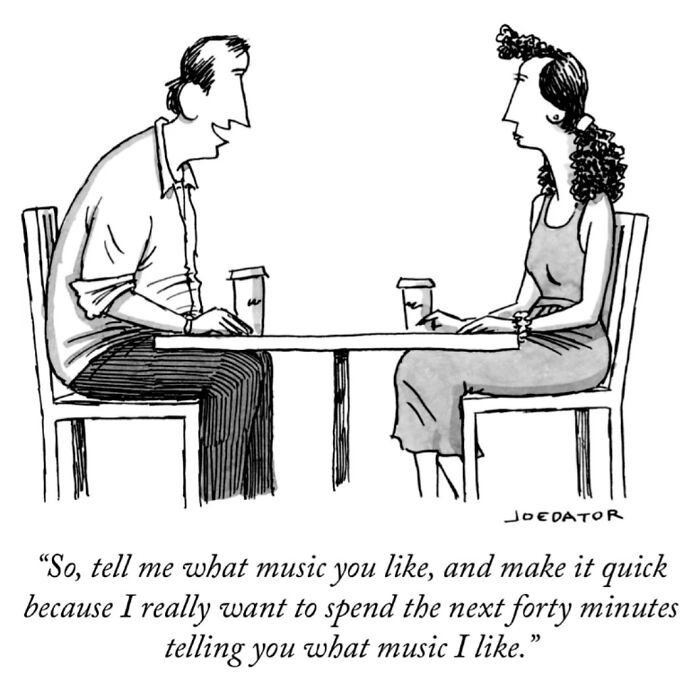 Witty cartoon by Joe Dator showing a couple at a table discussing music preferences humorously.