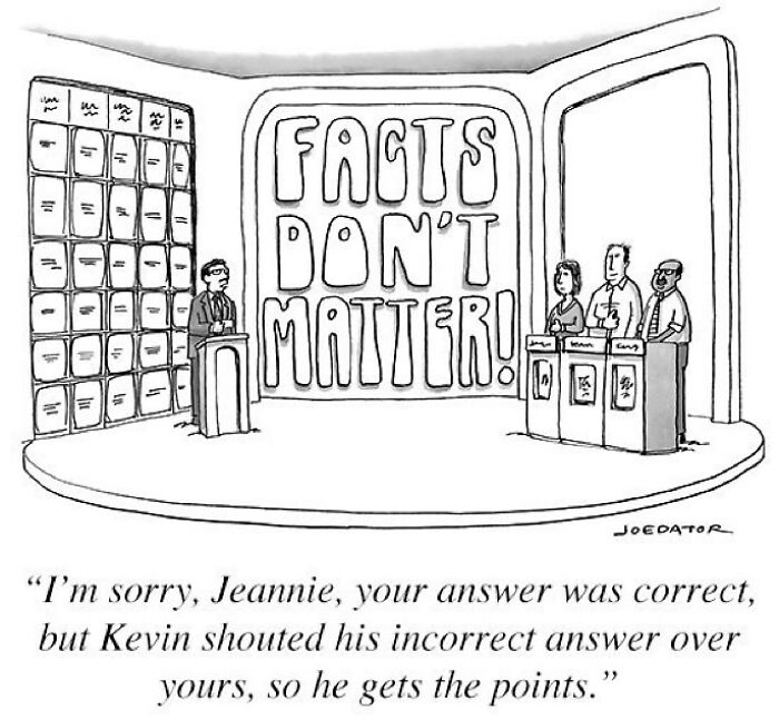 Cartoon by Joe Dator showing a game show where a contestant is unfairly awarded points despite a correct answer.