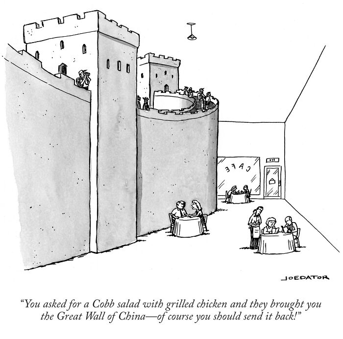 Cartoon by Joe Dator showing diners at tables next to a towering Great Wall of China inside a cafe.