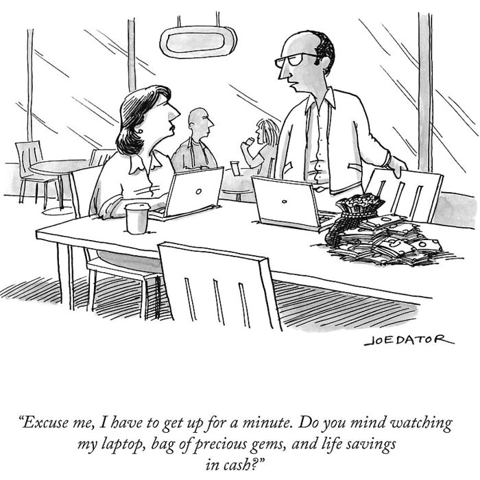 Cartoon by Joe Dator showing two people with laptops and a bag of cash in a witty office scene.