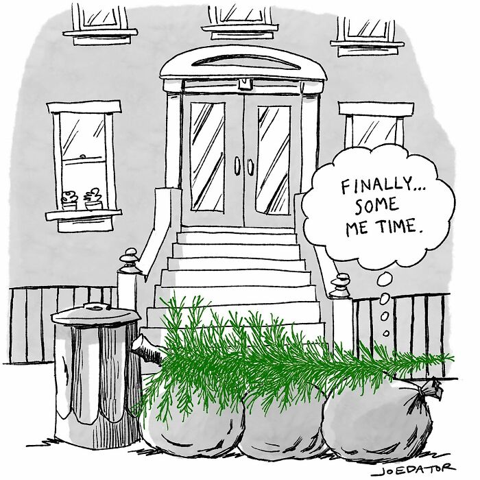 Cartoon of a Christmas tree on a city sidewalk thinking about finally having some me time in a witty cartoon style.