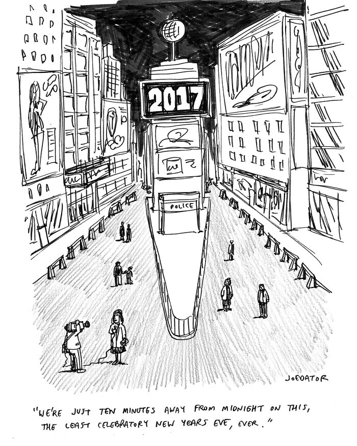 Black and white witty cartoon by Joe Dator showing a nearly empty city square on New Year's Eve.