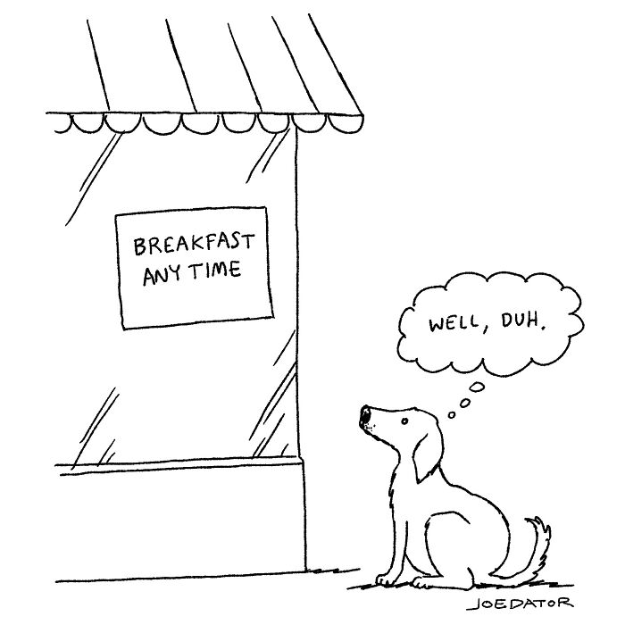 Cartoon by Joe Dator showing a dog thinking well duh while looking at a sign that says breakfast any time.