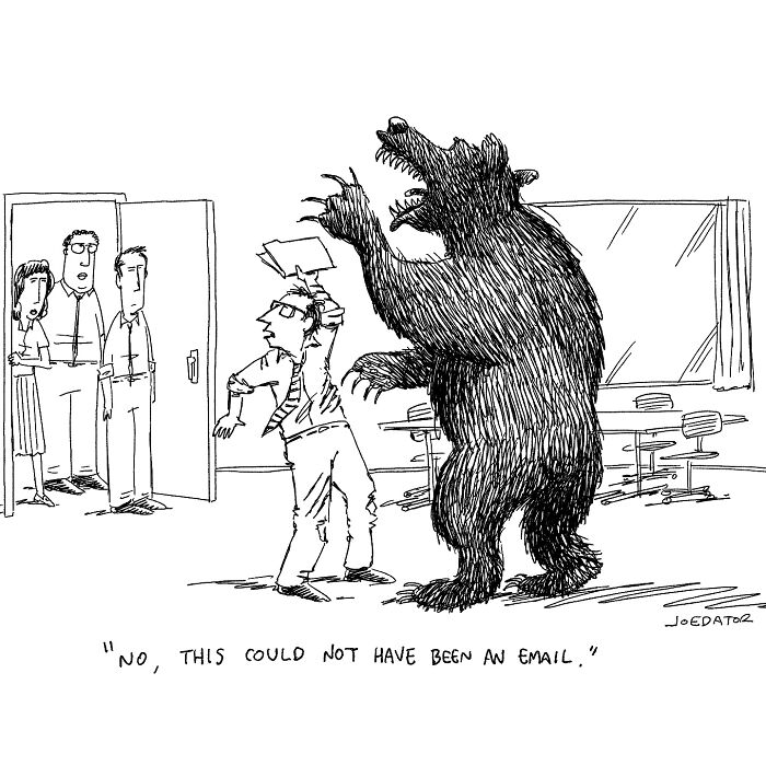 Cartoon by Joe Dator showing a man shielding himself from a bear in an office, witty cartoons humor concept.