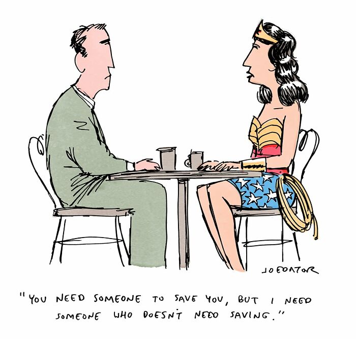 Cartoon by Joe Dator shows a woman in superhero costume talking to a man at a table with a witty caption about saving.