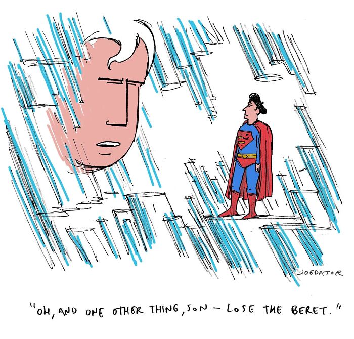 Cartoon by Joe Dator showing a superhero in a cape being advised by a large floating head in a rain-like setting.