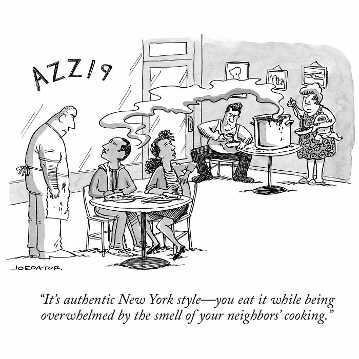 Cartoon by Joe Dator showing a couple at a restaurant overwhelmed by the smell of neighbors’ cooking in a witty cartoon style.