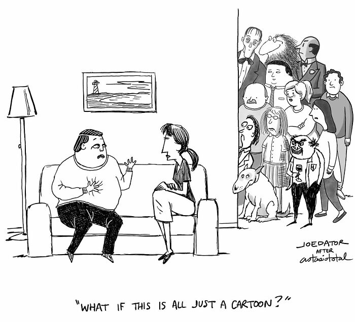 Two people sitting on a couch talking while a crowd watches from the doorway in a witty cartoon by Joe Dator.