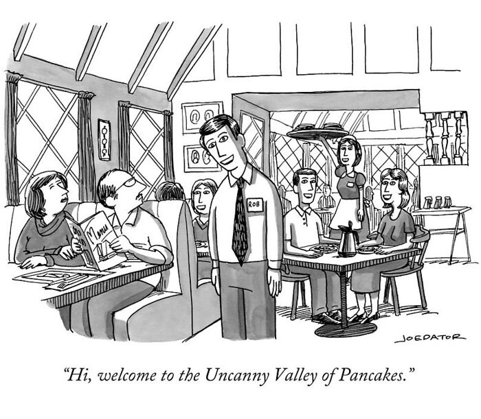 Cartoon by Joe Dator showing a waiter greeting customers in a restaurant with a witty pancake pun.