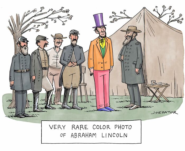 Cartoon by Joe Dator showing Abraham Lincoln in colorful clothes among men in gray Civil War uniforms.