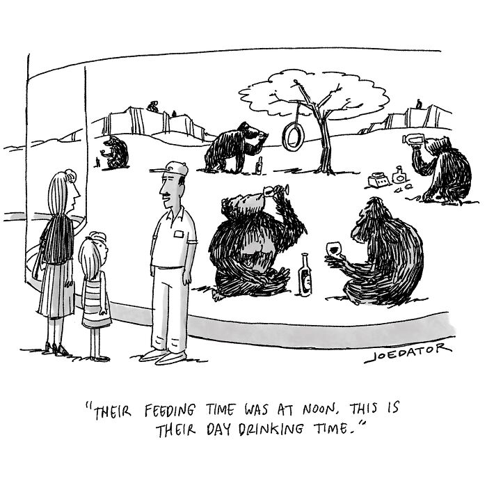 Cartoon by Joe Dator showing bears day drinking in a zoo enclosure while visitors watch.