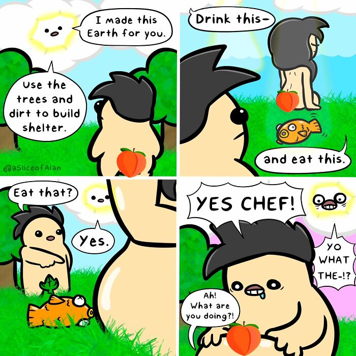 Colorful comic panels from a hilarious Slice Of Alan series featuring bizarre adult-oriented humor and quirky characters in nature.