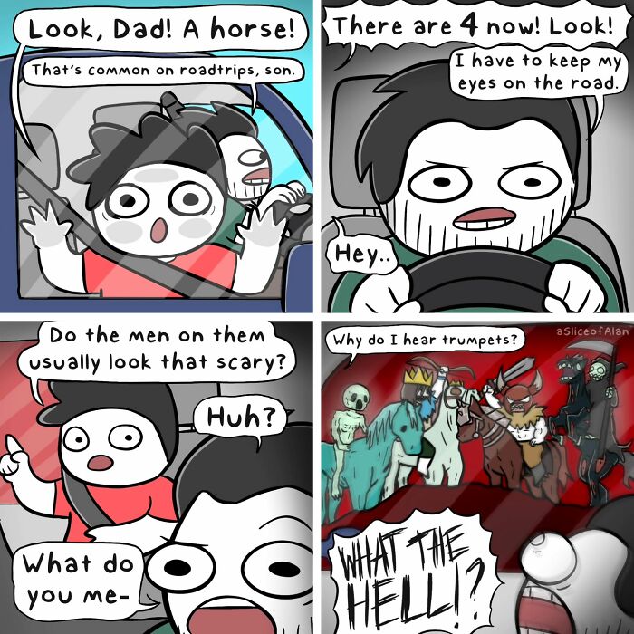 A Slice of Alan comic strip showing a bizarre road trip with adult-oriented humor and surreal horse rider characters.