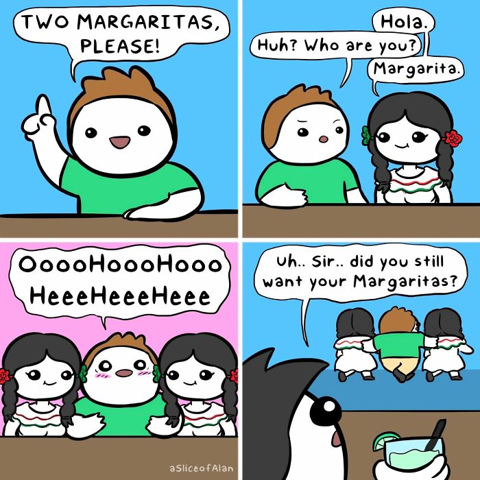 Comic strip from a Slice of Alan showing bizarre adult-oriented humor with characters ordering margaritas and unexpected twists.