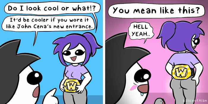 Two characters in a colorful comic strip with adult-oriented humor discussing a championship belt style.