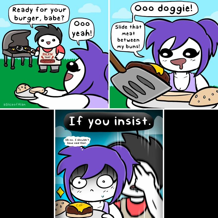 Comic panels from A Slice Of Alan showing characters grilling and making a bizarre adult-oriented humor burger joke outdoors.