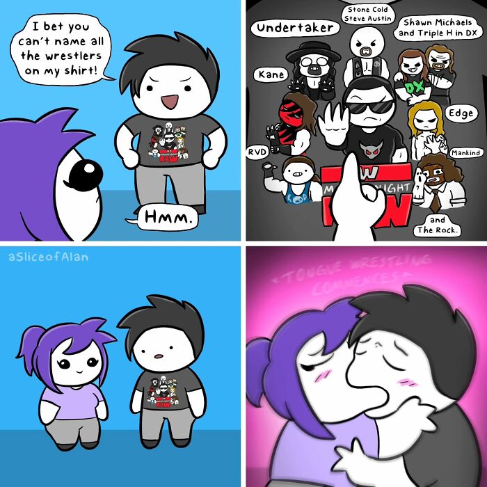 Comic strip from A Slice Of Alan featuring adult-oriented humor with two characters and wrestling references on a T-shirt.
