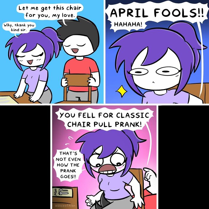 Comic strip from A Slice Of Alan with two characters in purple and red, featuring adult-oriented humor and classic prank scene.
