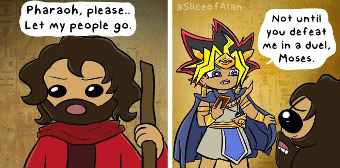 Comic strip from A Slice Of Alan featuring adult-oriented humor with a bizarre, hilarious duel between Moses and Pharaoh.