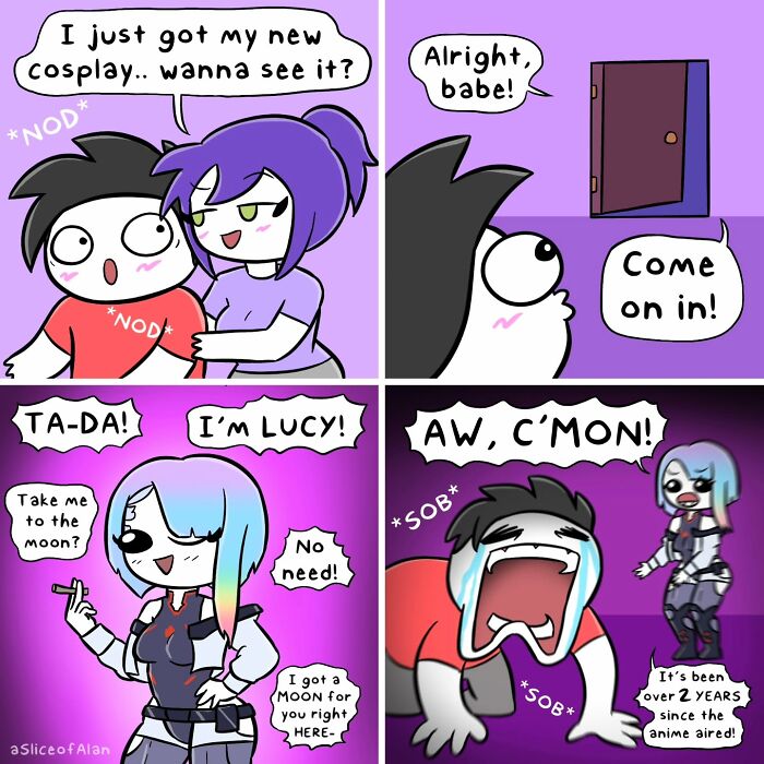 A Slice Of Alan comic with adult-oriented humor featuring a cosplay reveal and playful emotional reactions.