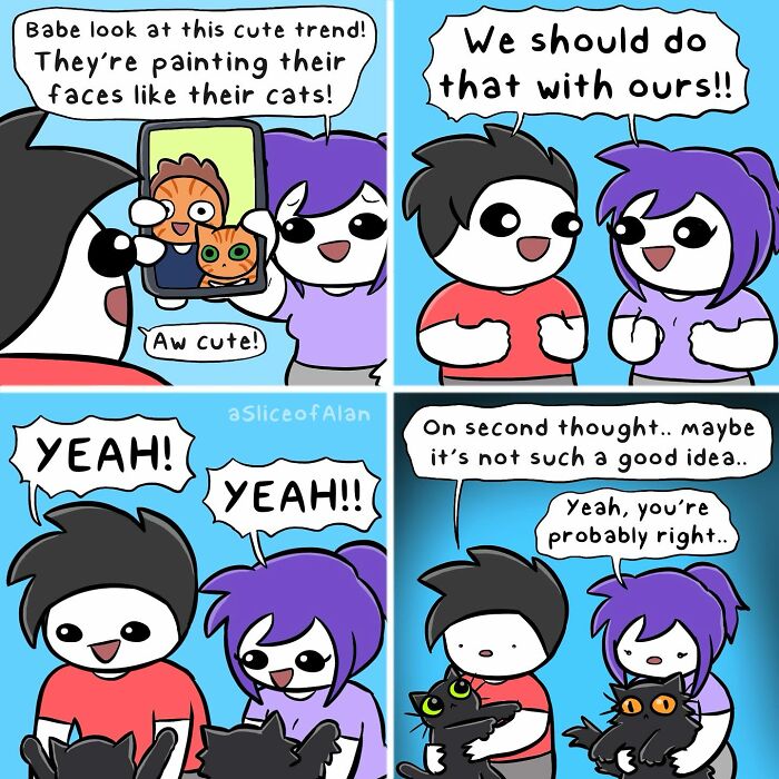 A slice of Alan comic showing a couple painting their faces like cats in an adult-oriented humor style.