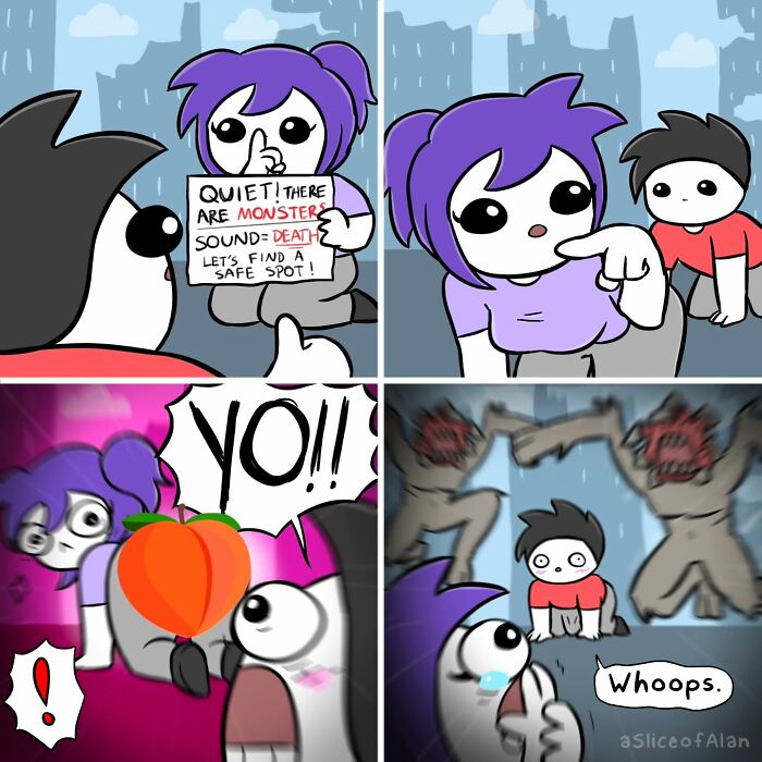 Four-panel bizarre comic from Slice of Alan featuring characters hiding from monsters, showing adult-oriented humor and funny reactions.