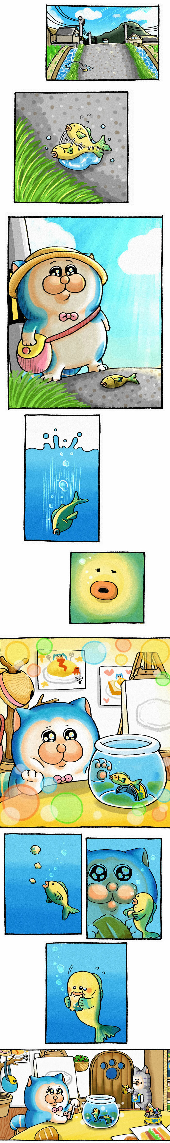 Japanese artist draws two goofy cats and a cute fish in comics with bright colors and charming expressions.