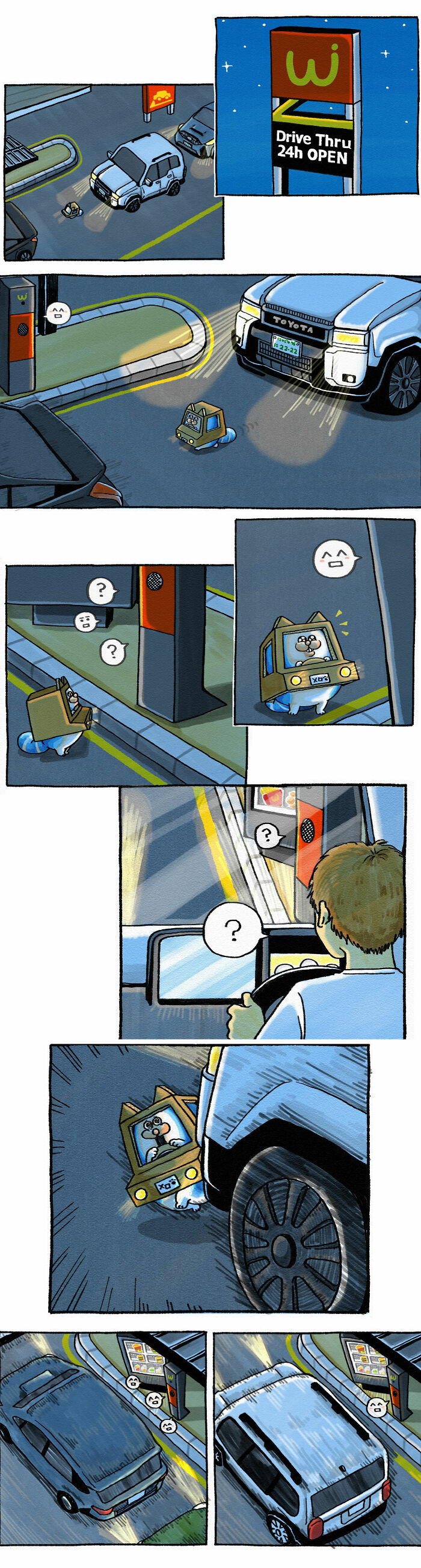 Comic panels showing goofy cats with car costumes at a drive-thru, drawn by a Japanese artist in a cute comic style.
