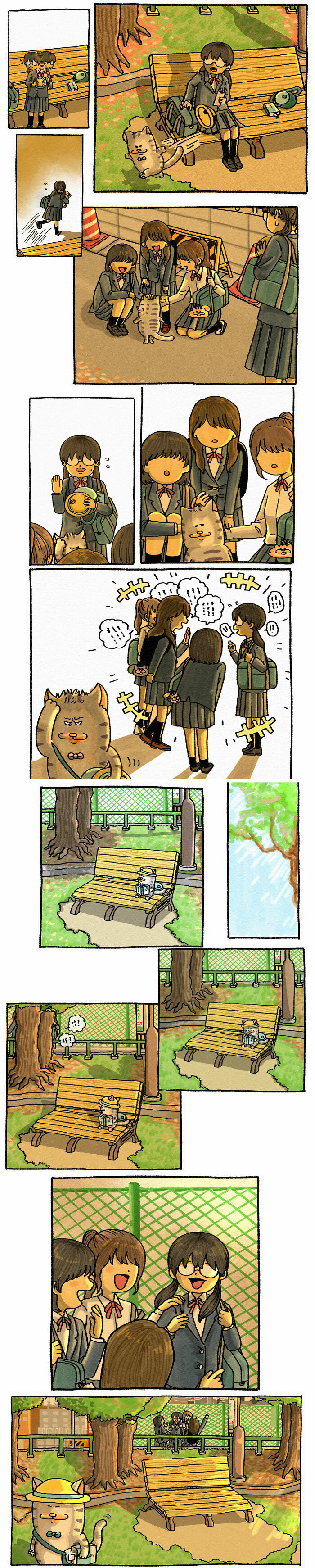 Japanese artist's comic features two goofy cats charming schoolgirls with cute antics in a playful outdoor setting.