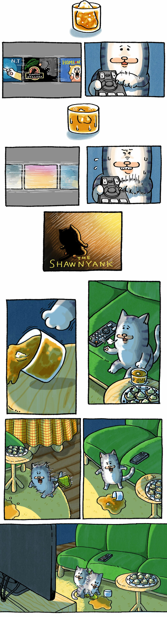 Comic panels show two goofy cats in a living room, one spilling a drink and both acting playfully, drawn by a Japanese artist.