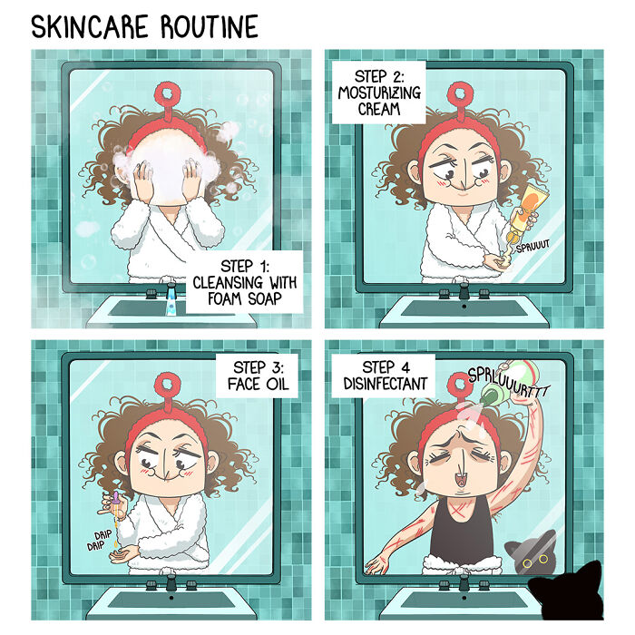 Comic illustrating a skincare routine with cleansing, moisturizing, face oil, and disinfectant in everyday life situations.