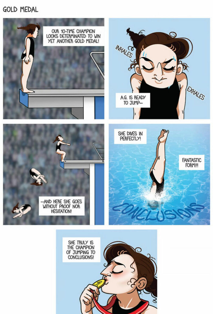 Comic illustrating relationships and everyday life with a diver humorously jumping into conclusions in a funny situation.