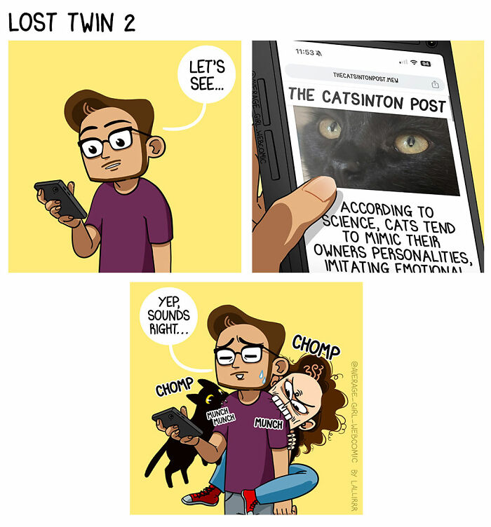 Comic strip illustrating everyday life and relationships with a humorous take on pets mimicking owners' personalities.