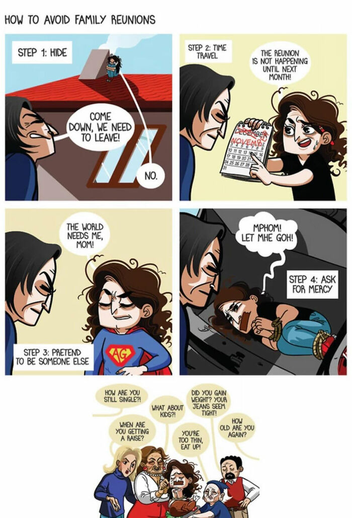 Comic illustrating funny everyday life and relationships moments, including avoiding family reunions in four colorful panels.