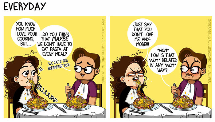 Comic illustration showing a humorous everyday life scene about relationships and eating pasta at the table.