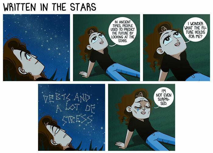 Comic illustration showing a woman reflecting on relationships and life under the stars with humorous thoughts.