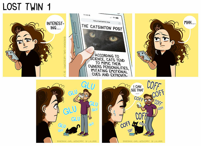 Comic strip showing an artist illustrating funny everyday life and relationships with a cat mimicking its owner.