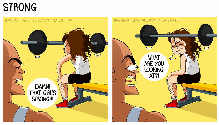 Comic illustration of a woman showing strength while weightlifting, part of artist's everyday life and funny situations series.