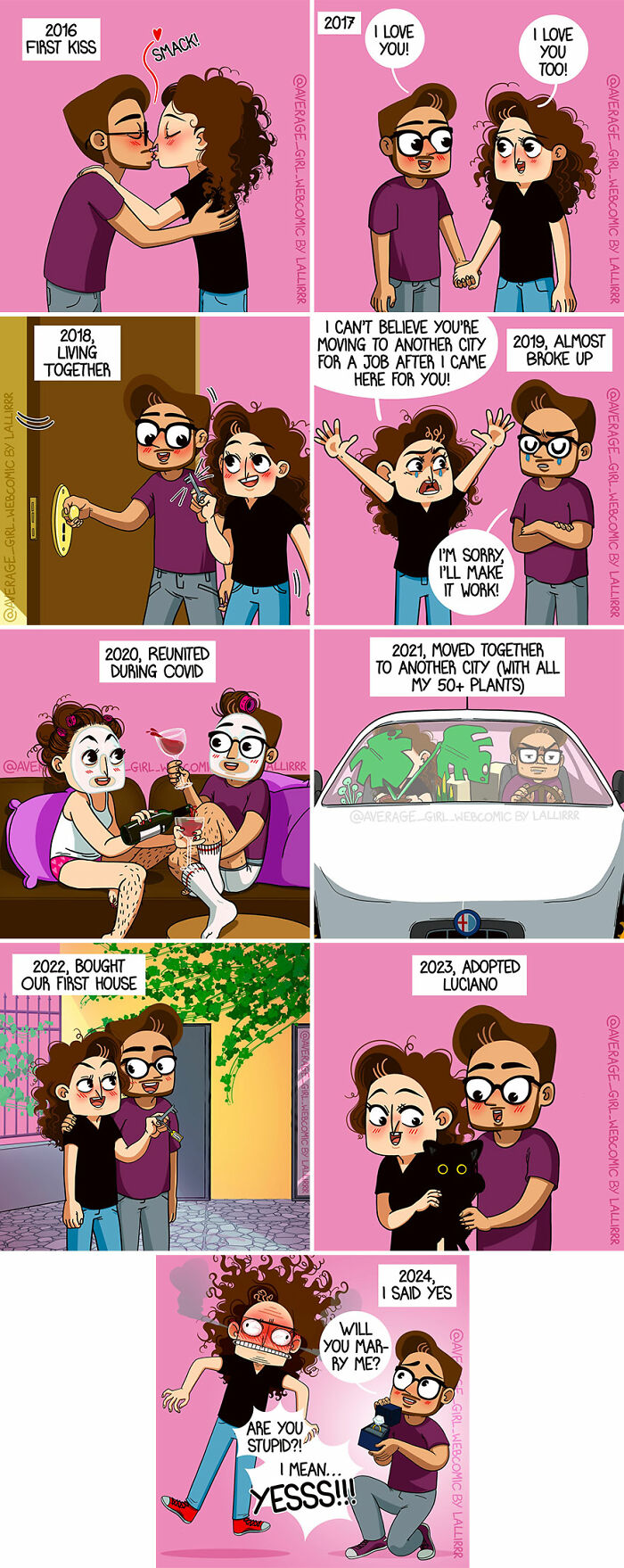 Comic illustrating relationships, everyday life, and funny situations from 2016 to 2024 with colorful characters.