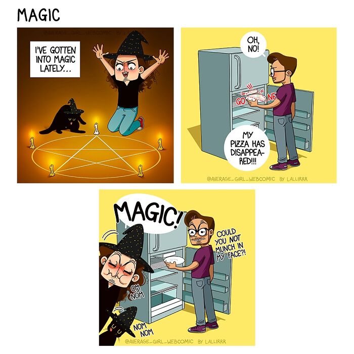 Comic panels illustrating magic and everyday life mishaps, depicting humor in relationships through colorful webcomic style.