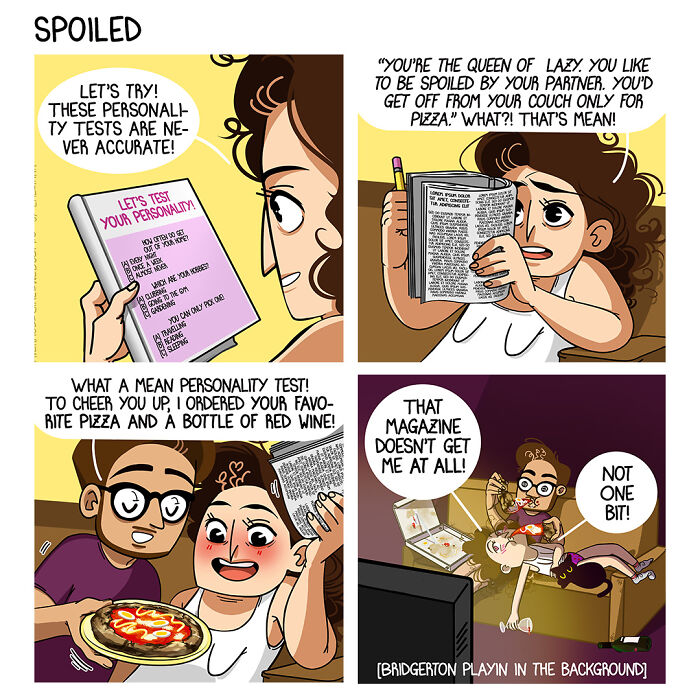 Comic strip illustrating funny everyday life and relationship moments with a woman, man, pizza, and wine in a cozy setting.