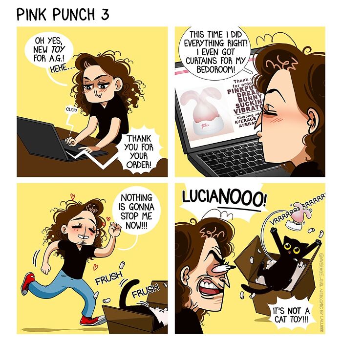 Comic illustrating everyday life and funny situations with a woman ordering a toy and reacting to her cat’s mischief.