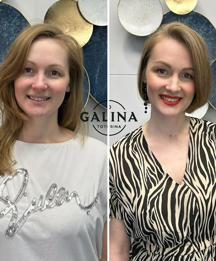 Woman with long hair before and after incredible short hair makeover by stylist, smiling with distinct hair and makeup changes.
