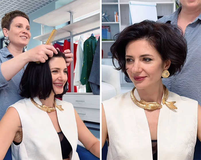 Before-and-after short hair makeover showing a stylist transforming a woman's hairstyle with a chic, voluminous look.
