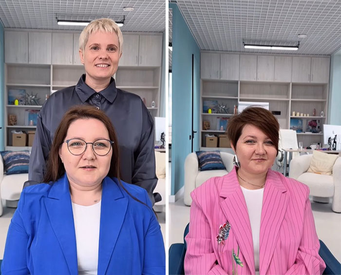 Before-and-after short hair makeover by stylist showing transformation with new haircut and style indoors.