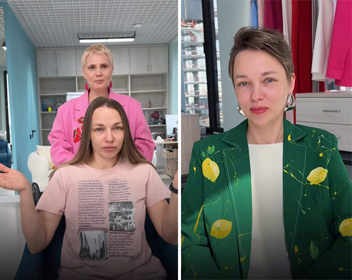 Before-and-after short hair makeover by stylist showing transformation from long hair to chic, textured short haircut indoors.