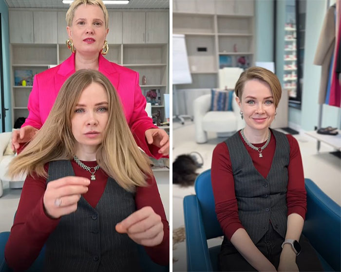 Before-and-after short hair makeover by stylist showing dramatic transformation in modern salon setting.